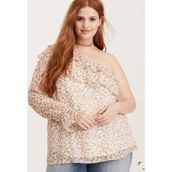 Torrid Floral Print Ruffled On-Shouler Top Womens Cream Chiffon Plus Size 2X - Picture 2 of 10